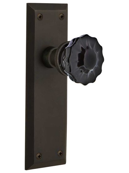 New York Door Set with Colored Fluted Crystal Glass Knobs Black in Oil-Rubbed Bronze.